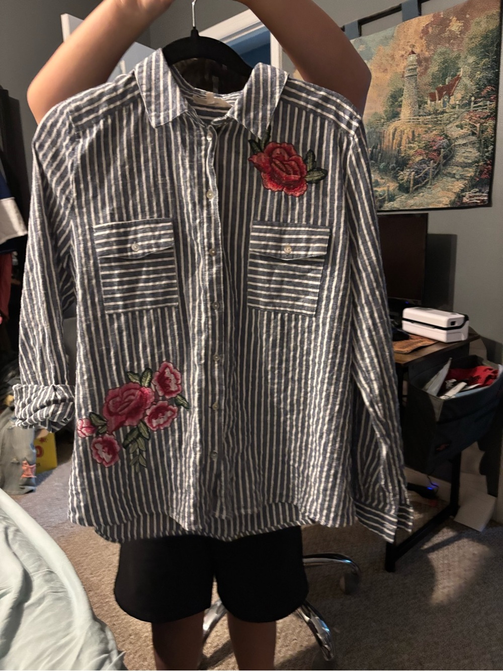Entro Striped  Floral-Embroidered Button-Up Shirt